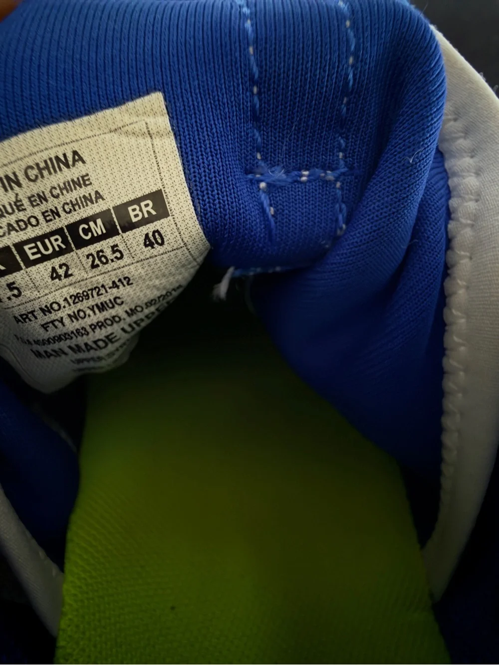 Under Armour Blue and Lime Green Athletic Shoe Interior
